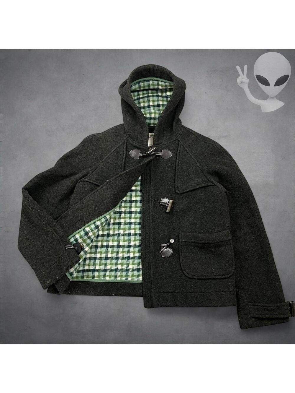 Lacoste Wool Duffle Coat Womens US M Charcoal Gray Green Plaid Lined Hooded